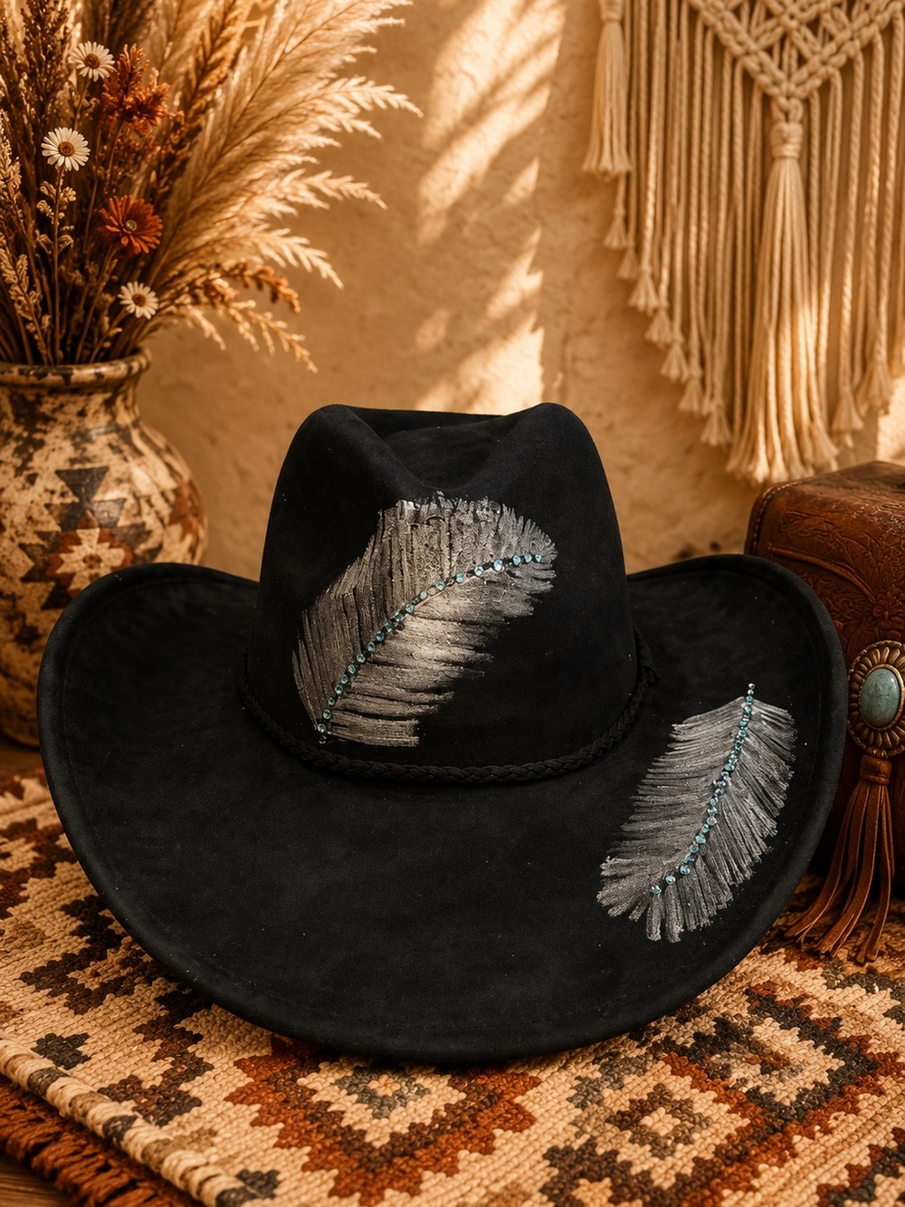 Black Suede Western Hat with Silver Feather Embroidery